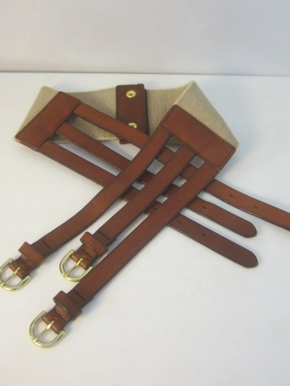 J Crew Women S Brown Leather Stretch Belt Triple Buckle Wide Gold Buckle USA - Picture 2 of 10